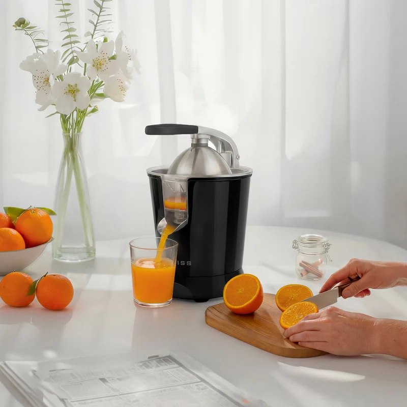 Ⓜ️🔵🔵🔵 SWEISS ZEST9 - Spremiagrumi elettrico di altissima qualità, SENZA BPA GARANTITO, corpo in acciaio inox, rivestimento NERO RETRÒ, lavabile in LAVASTOVIGLIE, con BRACCIO IN ACCIAIO INOX ROBUSTISSIMO