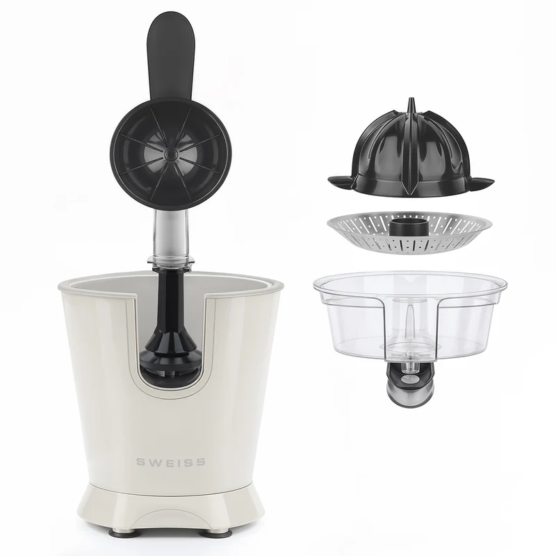 Ⓜ️🔵🔵🔵 SWEISS ZEST8 - Spremiagrumi elettrico di altissima qualità, SENZA BPA GARANTITO, corpo in acciaio inox, rivestimento CREMA RETRÒ, lavabile in LAVASTOVIGLIE, con BRACCIO IN ACCIAIO INOX ROBUSTISSIMO