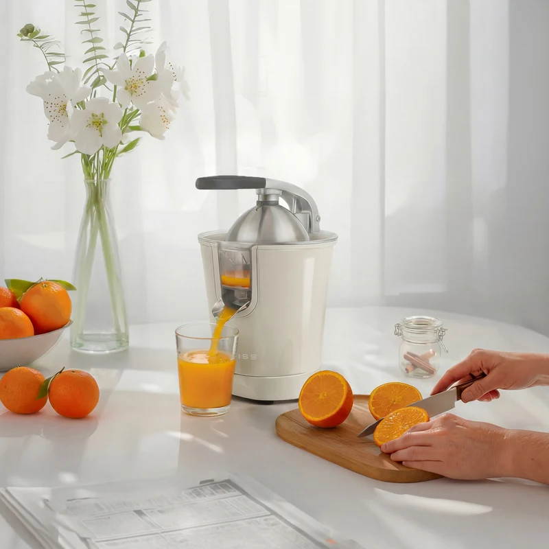 Ⓜ️🔵🔵🔵 SWEISS ZEST8 - Spremiagrumi elettrico di altissima qualità, SENZA BPA GARANTITO, corpo in acciaio inox, rivestimento CREMA RETRÒ, lavabile in LAVASTOVIGLIE, con BRACCIO IN ACCIAIO INOX ROBUSTISSIMO