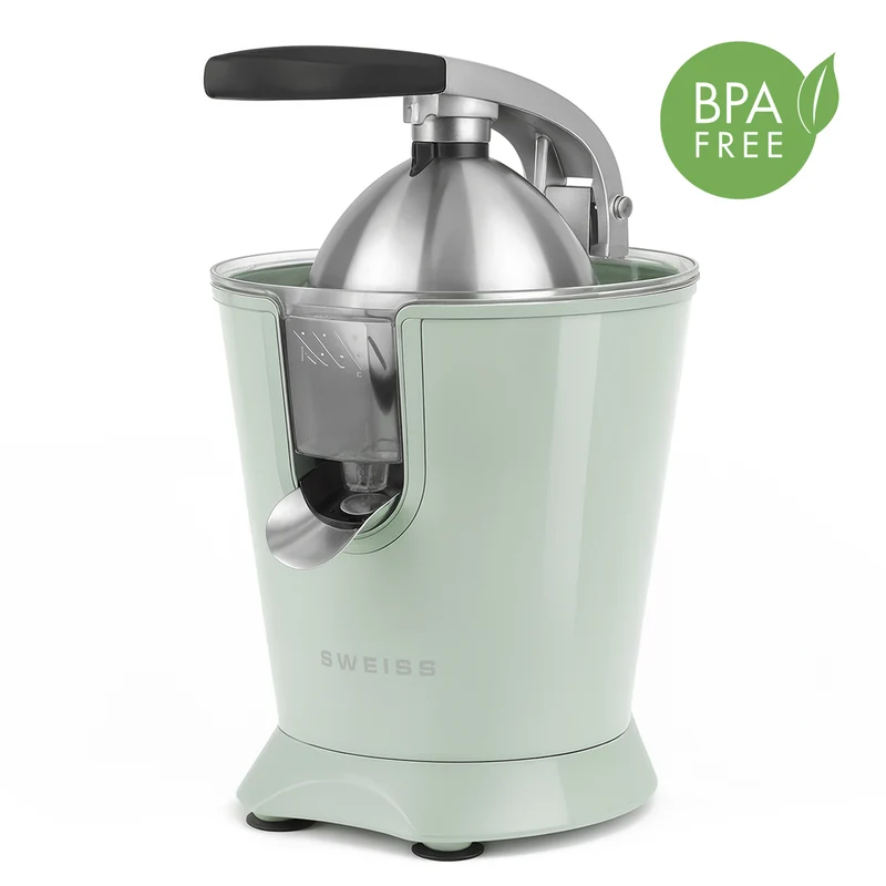 Ⓜ️🔵🔵🔵 SWEISS ZEST7 - Spremiagrumi elettrico di altissima qualità, SENZA BPA GARANTITO, corpo in acciaio inox, rivestimento VERDE RETRÒ, lavabile in LAVASTOVIGLIE, con BRACCIO IN ACCIAIO INOX ROBUSTISSIMO