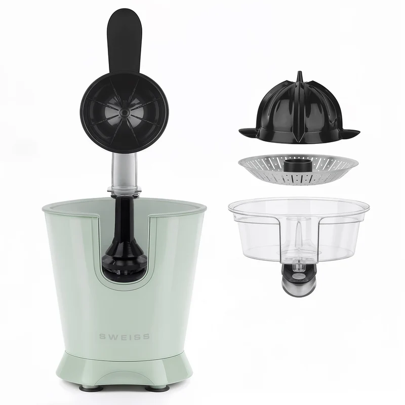Ⓜ️🔵🔵🔵 SWEISS ZEST7 - Spremiagrumi elettrico di altissima qualità, SENZA BPA GARANTITO, corpo in acciaio inox, rivestimento VERDE RETRÒ, lavabile in LAVASTOVIGLIE, con BRACCIO IN ACCIAIO INOX ROBUSTISSIMO