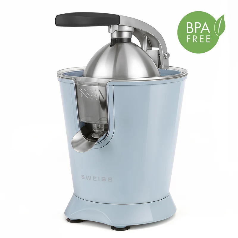Ⓜ️🔵🔵🔵 SWEISS ZEST6 - Spremiagrumi elettrico di altissima qualità, SENZA BPA GARANTITO, corpo in acciaio inox, rivestimento AZZURRO RETRÒ, lavabile in LAVASTOVIGLIE, con BRACCIO IN ACCIAIO INOX ROBUSTISSIMO