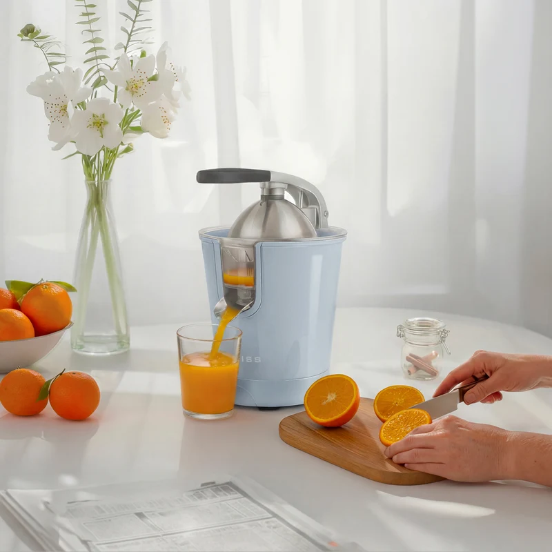 Ⓜ️🔵🔵🔵 SWEISS ZEST6 - Spremiagrumi elettrico di altissima qualità, SENZA BPA GARANTITO, corpo in acciaio inox, rivestimento AZZURRO RETRÒ, lavabile in LAVASTOVIGLIE, con BRACCIO IN ACCIAIO INOX ROBUSTISSIMO