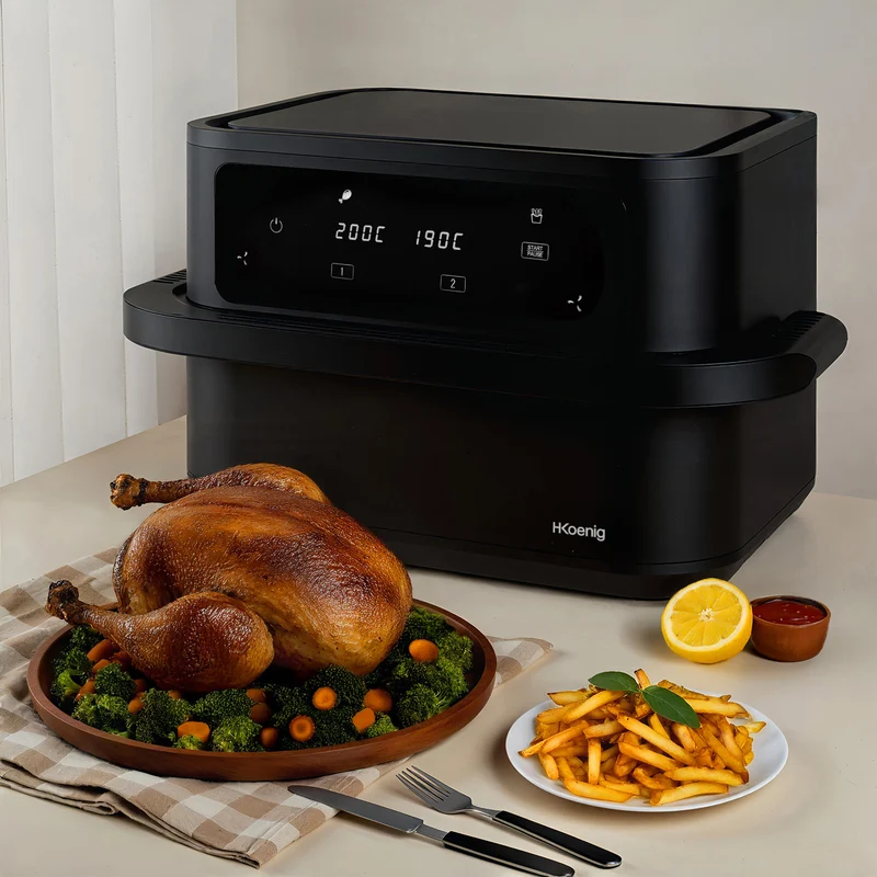 Ⓜ️🔵🔵🔵 H.Koenig FRY960 - Friggitrice ad aria XL, 10m litri, con MEGAZONE divisibile, CONTIENE UN POLLO INTERO, 8 programmi, fino a 200°C, potenza 2400 W