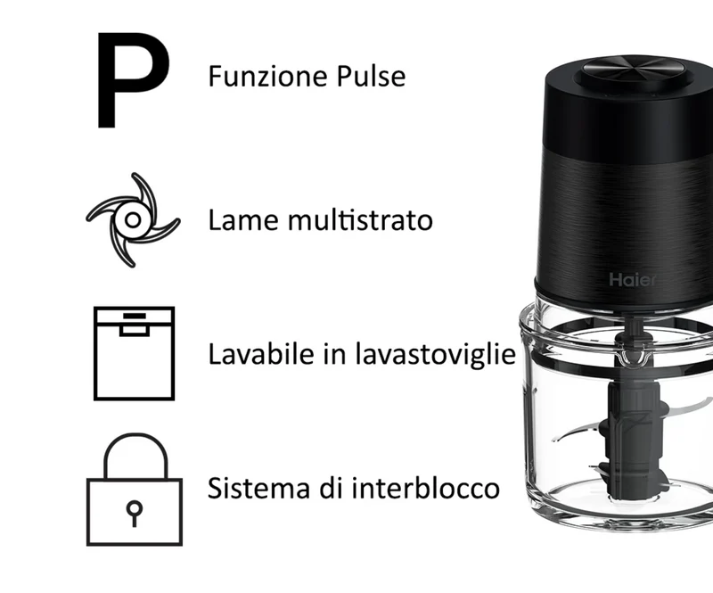 Ⓜ️🔵🔵🔵 Haier HCH5B1 011 - [📦🚨Spedizione immediata!🚚💨] Tritatutto I-Master Serie 5, Nero, 4 lame in acciaio inox, 2 livelli di velocità, Ciotola in vetro 0,5 litri