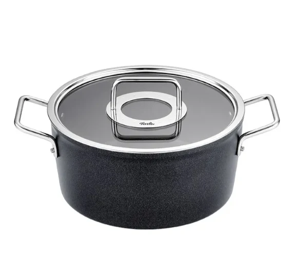 Ⓜ️🔵🔵🔵 Fissler Pentola - Pentola, Serie Adamant, Capacità 4.9 Litri, Diametro 24 cm, Nero (esterna/ interna), Manici in acciaio inox, Coperchio in vetro, Fondo Fissler CookStar