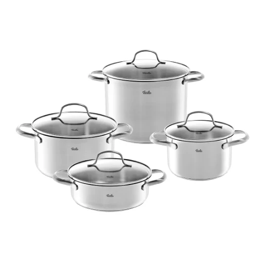 Ⓜ️🔵🔵🔵 Fissler San Francisco 4 pezzi - Set 4 pezzi, Serie San Francisco, Acciaio inox satinato (esterna)/ Acciaio inox lucidato (interna), Coperchio in vetro, Manici in acciaio inox, Fondo Superthermic