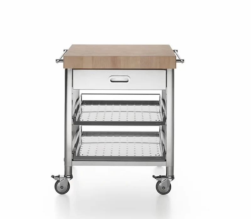 Ⓜ️🔵🔵🔵 Alpes 70C-CARRELLO-1 - LIBERI IN CUCINA, Elemento Contenimento, carrello cucina, acciaio inox con top ceppo in legno, larg. 70cm, prof. 65cm, alt. 90cm, due ripiani estraibili 60cm, cassetto portaposate legno 60cm