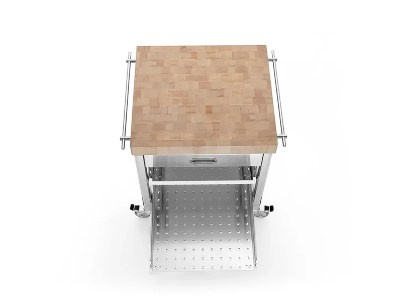 Ⓜ️🔵🔵🔵 Alpes 70C-CARRELLO-1 - LIBERI IN CUCINA, Elemento Contenimento, carrello cucina, acciaio inox con top ceppo in legno, larg. 70cm, prof. 65cm, alt. 90cm, due ripiani estraibili 60cm, cassetto portaposate legno 60cm