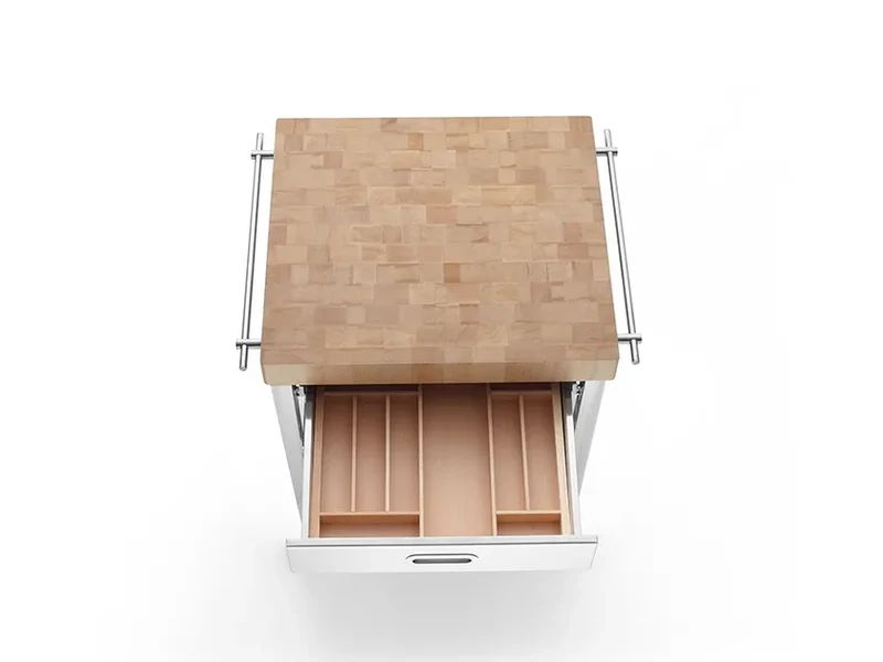 Ⓜ️🔵🔵🔵 Alpes 70C-CARRELLO-1 - LIBERI IN CUCINA, Elemento Contenimento, carrello cucina, acciaio inox con top ceppo in legno, larg. 70cm, prof. 65cm, alt. 90cm, due ripiani estraibili 60cm, cassetto portaposate legno 60cm