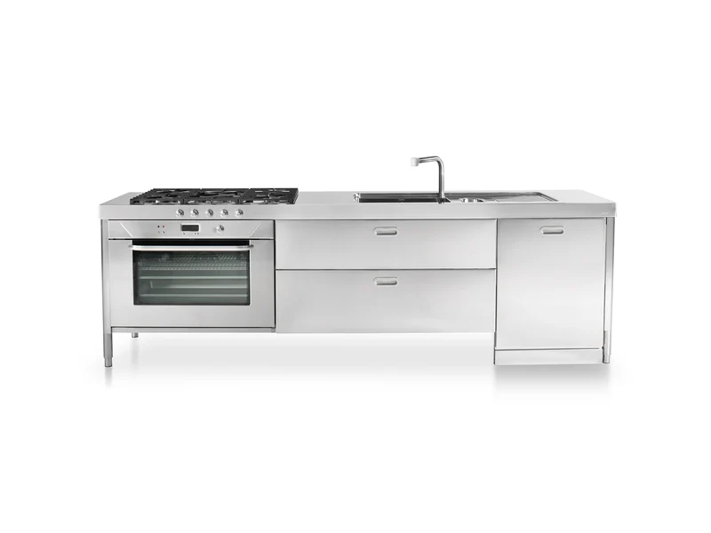 Ⓜ️🔵🔵🔵 Alpes LC280-F90+C120+L60/1 - LIBERI IN CUCINA, Lavaggio-Cottura, Acciaio Inox dx o sx, larg. 280cm, prof. 65cm, alt. 90/95cm, area cott. 5 fuochi gas, fuoco centr. bruciatore tripla corona Dual, vasca 53cm + vaschetta con bacinella, 2 cassetti 120cm