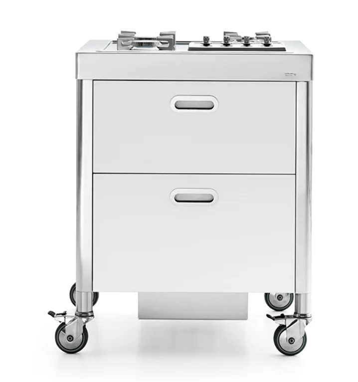 Ⓜ️🔵🔵🔵 Alpes OUT70-C60/1 - LIBERI IN CUCINA, elemento Outdoor, Elemento cottura outdoor in acciaio inox su ruote largo 70cm, profondo 65cm, alto 90cm F 559/4G piano cottura incasso con quattro fuochi a gas Due cassetti larghi 60cm