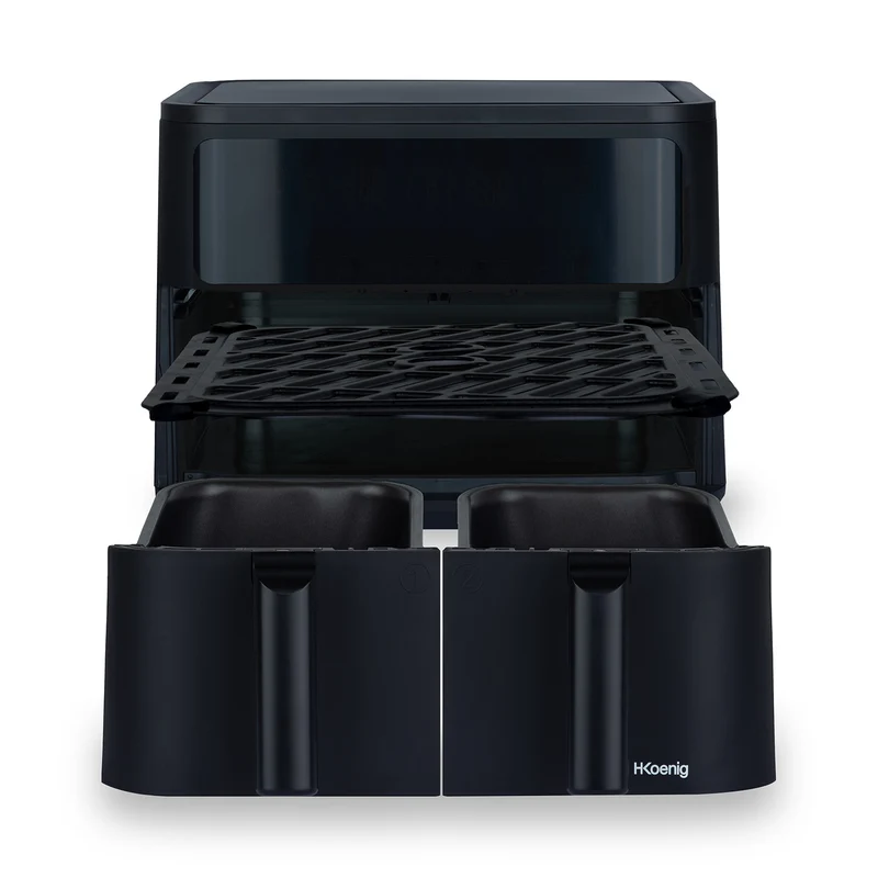 Ⓜ️🔵🔵🔵 H.Koenig FRY900 - Friggitrice ad aria doppio cestello SENZA BPA, finitura NERO OPACO, 4,5+4,5 litri per 9 litri totali, LAVABILE IN LAVASTOVIGLIE, senza olio, comandi a sfioramento, 2400 W
