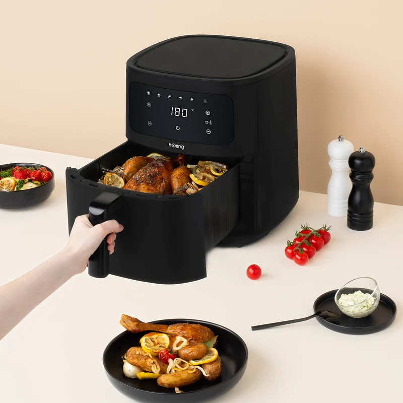 Ⓜ️🔵🔵🔵 H.Koenig FRY880 - Friggitrice ad aria SENZA BPA, finitura NERO OPACO, 8 litri, LAVABILE IN LAVASTOVIGLIE, senza olio, comandi a sfioramento, 1700 W
