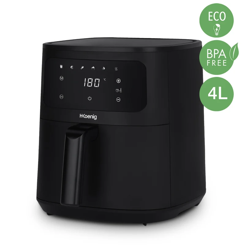 Ⓜ️🔵🔵🔵 H.Koenig FRY840 - Friggitrice ad aria SENZA BPA, 4 litri, finitura NERO OPACO, LAVABILE IN LAVASTOVIGLIE, senza olio, comandi a sfioramento, 1300 W