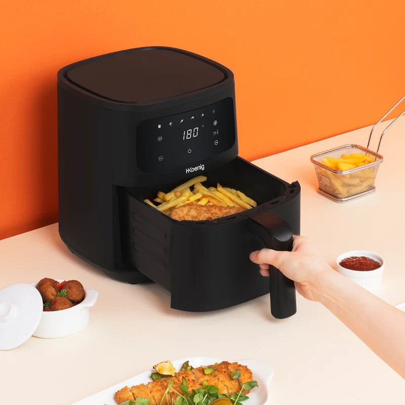 Ⓜ️🔵🔵🔵 H.Koenig FRY840 - Friggitrice ad aria SENZA BPA, 4 litri, finitura NERO OPACO, LAVABILE IN LAVASTOVIGLIE, senza olio, comandi a sfioramento, 1300 W