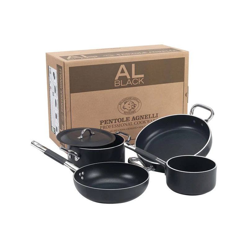 Ⓜ️🔵🔵🔵 Pentole Agnelli ALSASETALBLACK4 - Batteria di pentole con coperchio in alluminio antiaderente interno ed esterno, 5 pezzi, per 4 persone, MADE IN ITALY