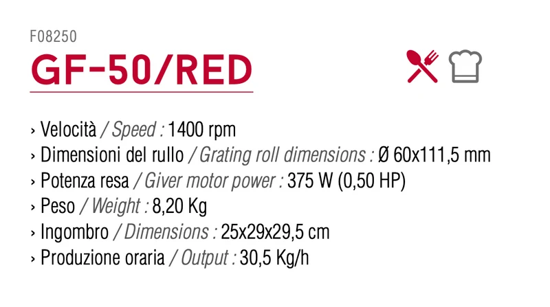 Ⓜ️🔵🔵🔵 Tre Spade GF-50/RED - Grattugia, ALTISSIMA QUALITÀ, alluminio brillantato ROSSO, potente e robusta, CONTENITORE IN DOTAZIONE, Made in Italy