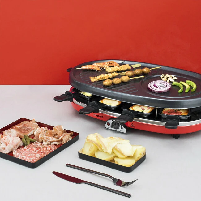 Ⓜ️🔵🔵🔵 H.Koenig RP418 - [📦🚨Spedizione immediata!🚚💨] Raclette 4 funzioni, 8 persone, grill raclette, pietra di granito, grill e piastra per pancake