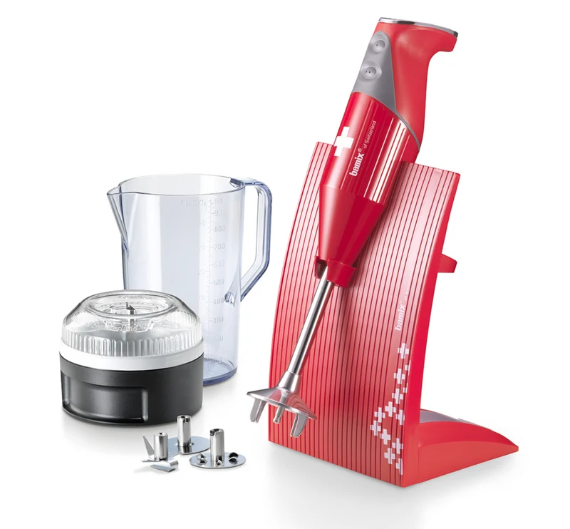 Ⓜ️🔵🔵🔵 bamix SwissLine rosso con croce BX SL RD - Kit completo di mixer con supporto da banco, caraffa da 1 litro, set di fruste/lame e Processor, GARANZIA A VITA
