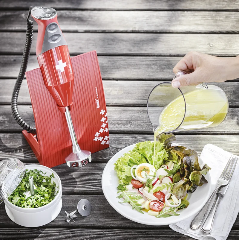Ⓜ️🔵🔵🔵 bamix SwissLine rosso con croce BX SL RD - Kit completo di mixer con supporto da banco, caraffa da 1 litro, set di fruste/lame e Processor, GARANZIA A VITA