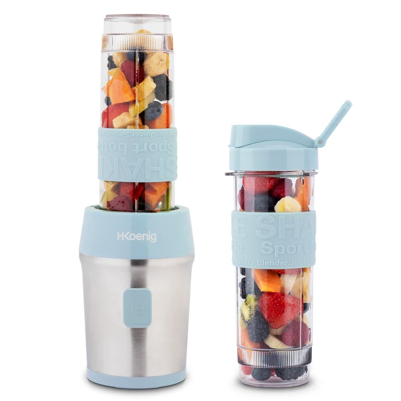 Ⓜ️🔵🔵🔵 H.Koenig SMOO16 - MINI FRULLATORE SENZA BPA azzurro/acciaio, con 2 borracce in dotazione, COMPATIBILE CON LA LAVASTOVIGLIE, perfetto per integratori proteici e vitaminici