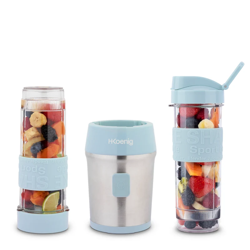 Ⓜ️🔵🔵🔵 H.Koenig SMOO16 - MINI FRULLATORE SENZA BPA azzurro/acciaio, con 2 borracce in dotazione, COMPATIBILE CON LA LAVASTOVIGLIE, perfetto per integratori proteici e vitaminici