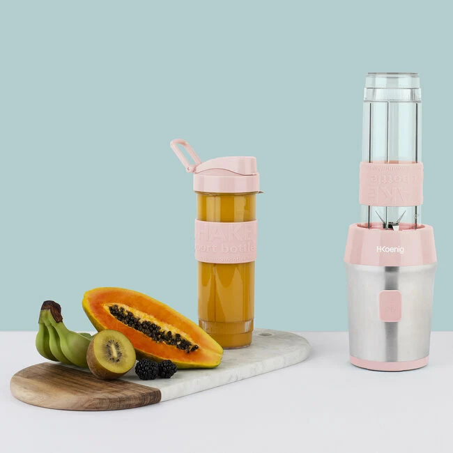 Ⓜ️🔵🔵🔵👌 H.Koenig SMOO12 - MINI FRULLATORE rosa/acciaio, con 2 borracce in dotazione, COMPATIBILE CON LA LAVASTOVIGLIE, perfetto per integratori proteici e vitaminici