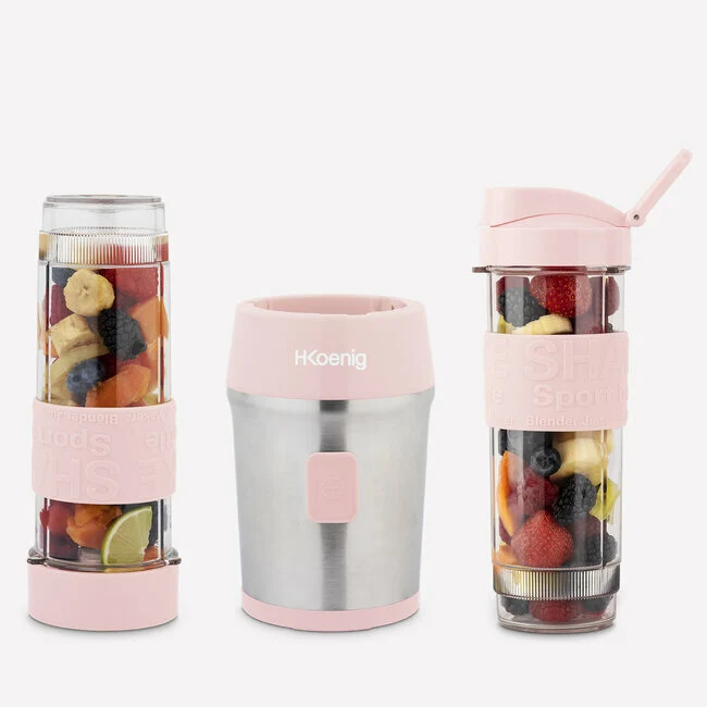 Ⓜ️🔵🔵🔵👌 H.Koenig SMOO12 - MINI FRULLATORE rosa/acciaio, con 2 borracce in dotazione, COMPATIBILE CON LA LAVASTOVIGLIE, perfetto per integratori proteici e vitaminici