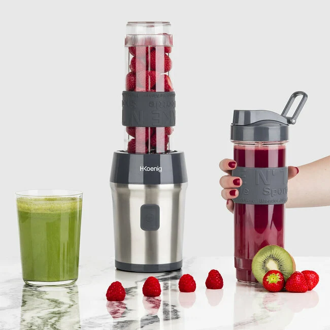Ⓜ️🔵🔵🔵 H.Koenig SMOO9 - MINI FRULLATORE nero/acciaio, con 2 borracce in dotazione, COMPATIBILE CON LA LAVASTOVIGLIE, perfetto per integratori proteici e vitaminici