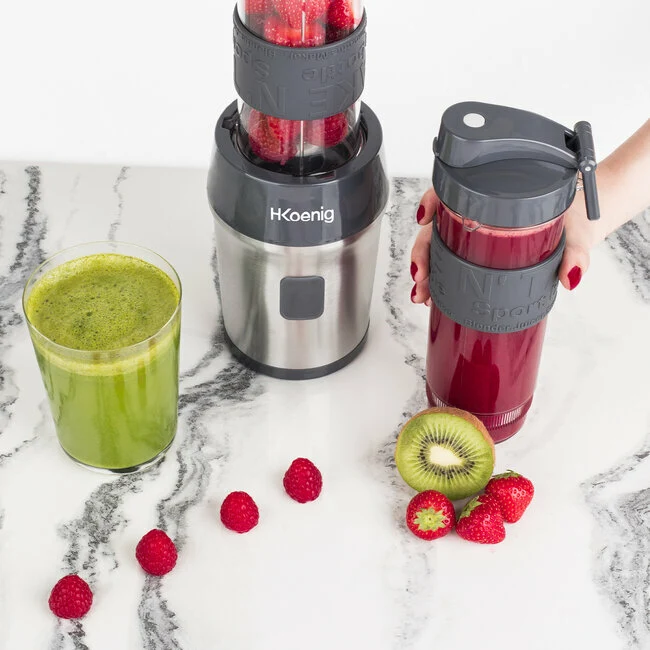 Ⓜ️🔵🔵🔵 H.Koenig SMOO9 - MINI FRULLATORE nero/acciaio, con 2 borracce in dotazione, COMPATIBILE CON LA LAVASTOVIGLIE, perfetto per integratori proteici e vitaminici