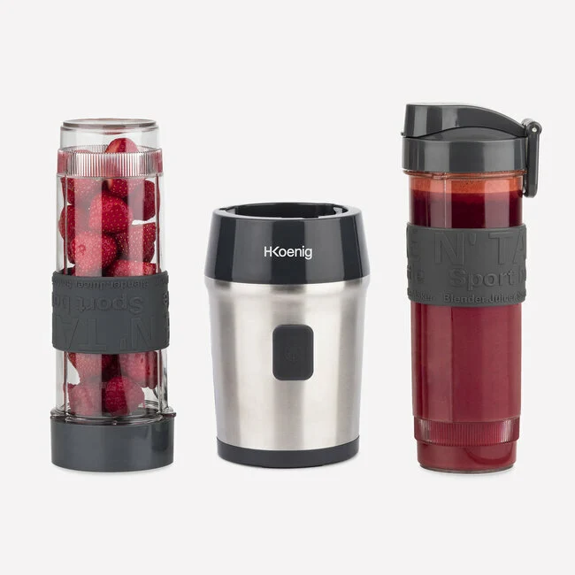 Ⓜ️🔵🔵🔵 H.Koenig SMOO9 - MINI FRULLATORE nero/acciaio, con 2 borracce in dotazione, COMPATIBILE CON LA LAVASTOVIGLIE, perfetto per integratori proteici e vitaminici