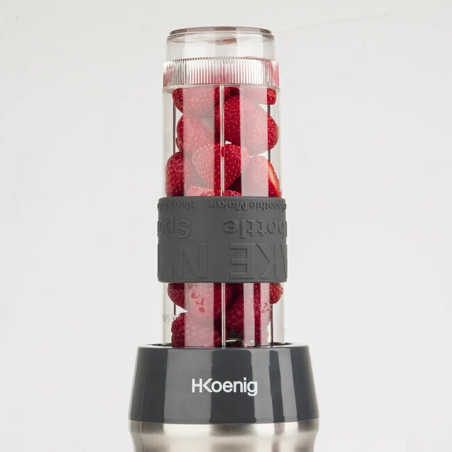 Ⓜ️🔵🔵🔵 H.Koenig SMOO9 - MINI FRULLATORE nero/acciaio, con 2 borracce in dotazione, COMPATIBILE CON LA LAVASTOVIGLIE, perfetto per integratori proteici e vitaminici