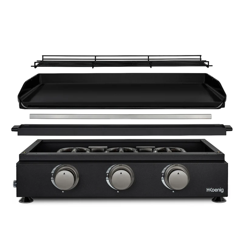 Ⓜ️🔵🔵🔵 H.Koenig PLX1032 - Piastra a gas ALTISSIMA QUALITÀ, tutta in GHISA SMALTATA NERA, piastra pesante alto spessore, 3 bruciatori