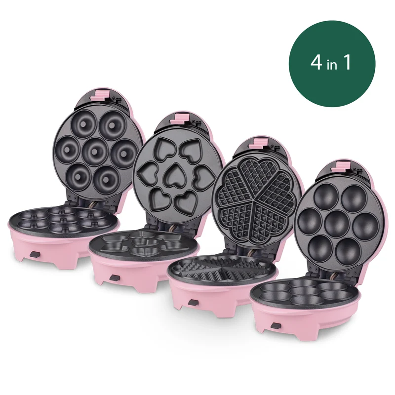 Ⓜ️🔵🔵🔵 Weasy KID400 - Piastra rosa per dolcetti con 4 stampi differenti intercambiabili (donut, waffle, cupcakes o muffin)