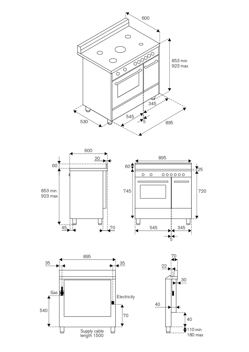 Ⓜ️🔵🔵🔵 LA GERMANIA AMN9P5EBV/24 - Cucina, Piano di Lavoro in Acciaio Inox, Bianca, Serie Americana, 5 Fuochi Gas, Forno Elettrico Multifunzione, Vano Stipetto, 90x60 cm, Nuova classe A
