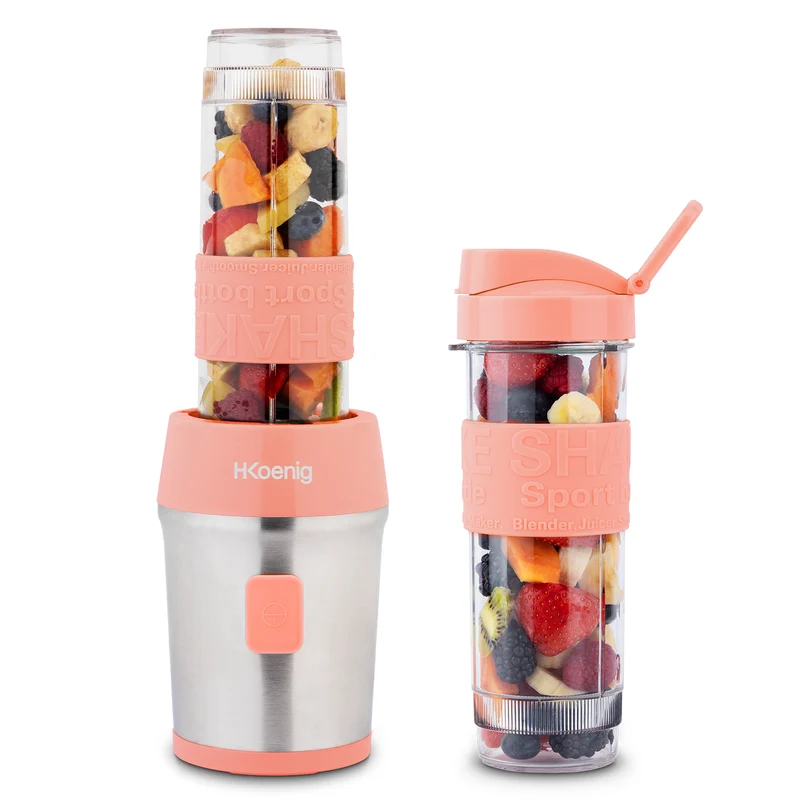 Ⓜ️🔵🔵🔵 H.Koenig SMOO10 - MINI FRULLATORE SENZA BPA fucsia/acciaio, con 2 borracce in dotazione, COMPATIBILE CON LA LAVASTOVIGLIE, perfetto per integratori proteici e vitaminici