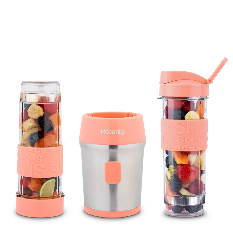 Ⓜ️🔵🔵🔵 H.Koenig SMOO10 - MINI FRULLATORE SENZA BPA fucsia/acciaio, con 2 borracce in dotazione, COMPATIBILE CON LA LAVASTOVIGLIE, perfetto per integratori proteici e vitaminici