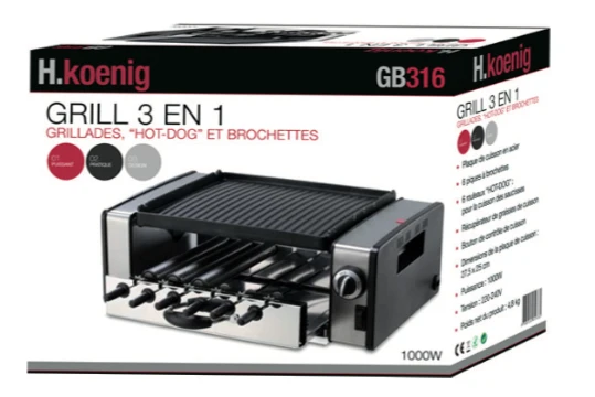 Ⓜ️🔵🔵🔵 H.Koenig GB316 - Griglia 3 in 1 in ACCIAIO INOX: BARBECUE + SPEDINI + HOT-DOG