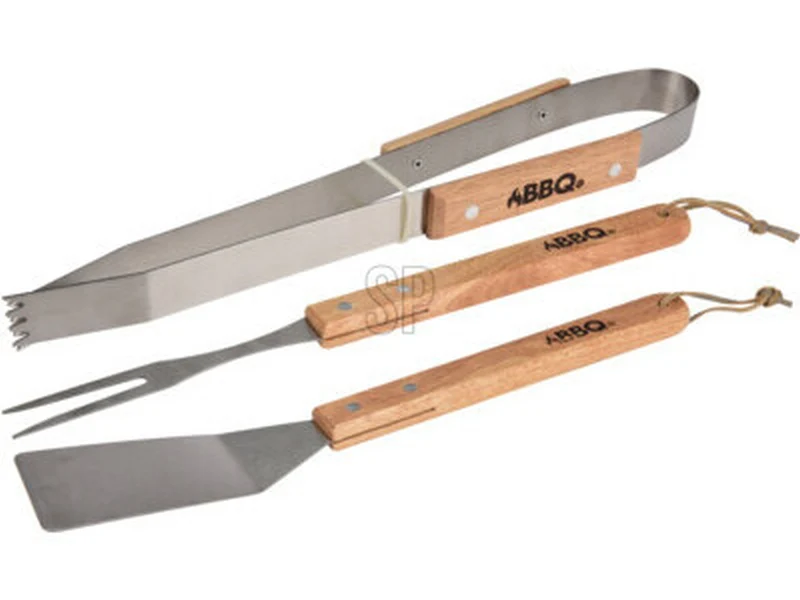 Set 3 pezzi utensili per barbecue con manico in legno