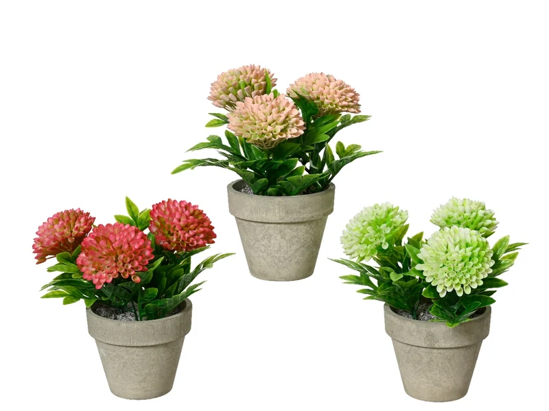 Piantina di crisantemi artificiali in vaso di plastica diametro 12cm x altezza 19cm in 3 colori assortiti