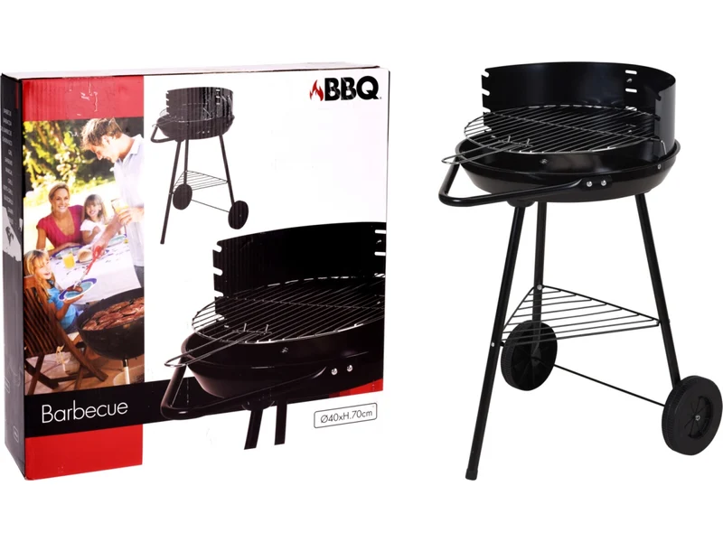 Barbecue a Carbonella Tondo Nero in Metallo con Ruote, Mensola e Paravento - 40x45x70cm