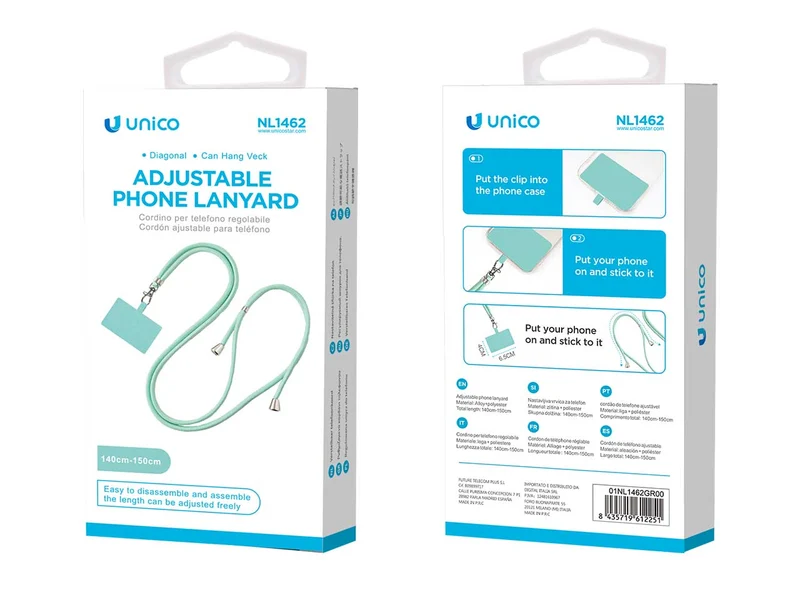 Cordino per cellulare regolabile in plastica e lega di zinco, 140-150cm, verde chiaro con fibbia singola