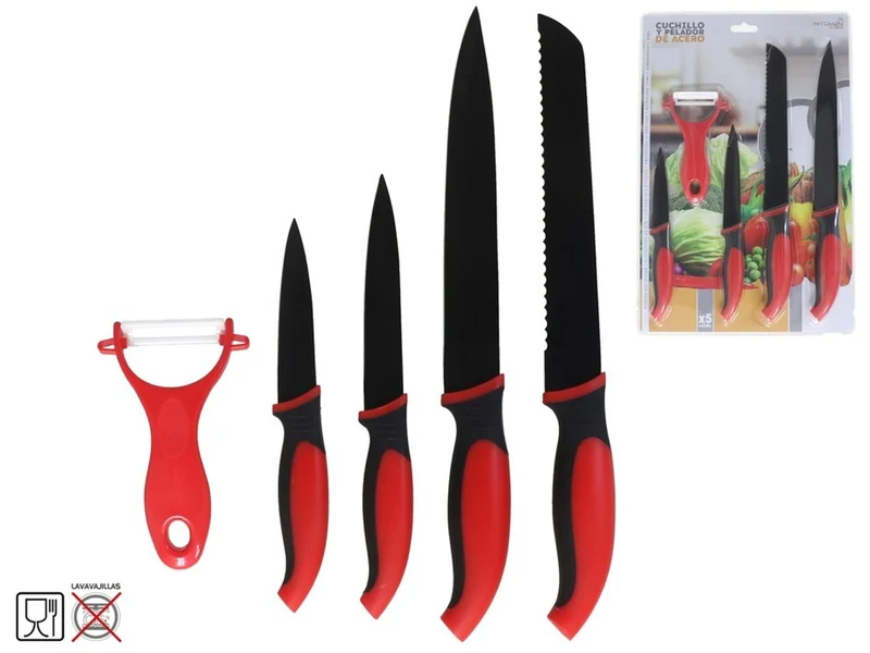 Set coltelli da cucina e pelapatate in acciaio e plastica, rosso e nero 5 pezzi - Kitchen&go