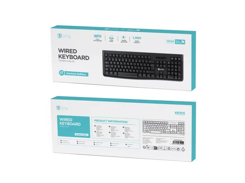 Tastiera italiana per computer da 105 tasti KB1505 - nero, plastica - dimensioni 449x156x20 mm - Unico