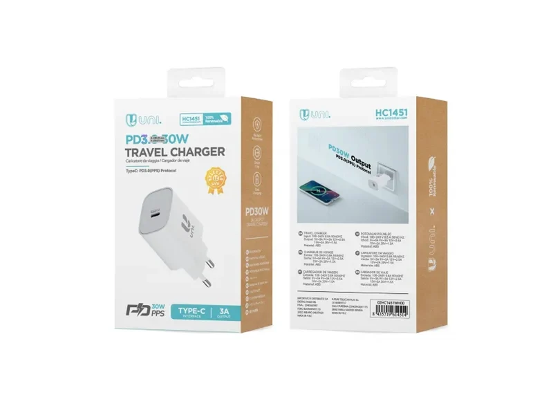 Caricatore da viaggio bianco 1 USB, type C HC1451 - in abs - Unico