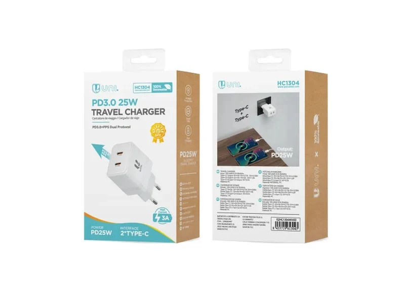 Caricatore da viaggio bianco PD3.0 25W, type C + type C, HC1304 - Unico