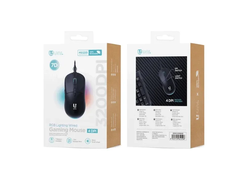 Mouse da gioco cablato con luce rgb, 7 tasti nero - lunghezza filo 1,8m - materiale abs - Unico