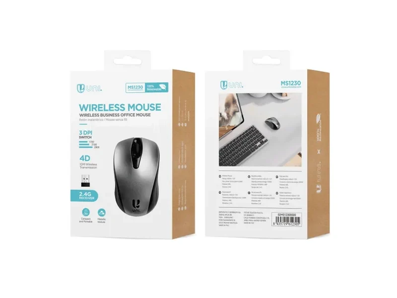 Mouse wireless 2.4G 4 tasti nero/argento - distanza di trasmissione 10m, materiale ABS - Unico