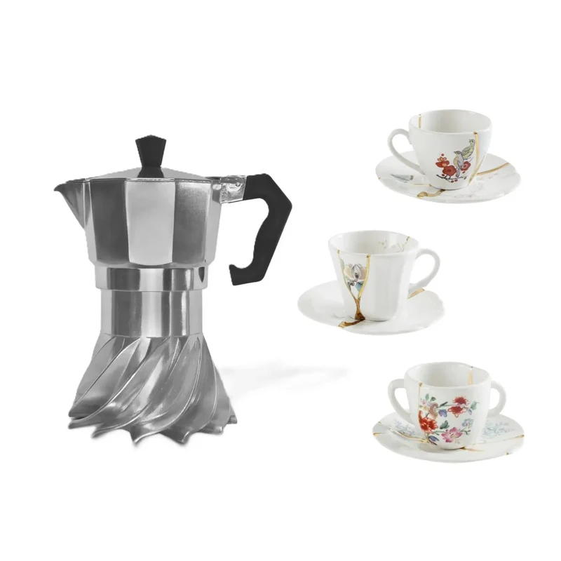 Set regalo caffè Turbo Moka 3 tazze, 3 tazzine Seletti Kintsugi